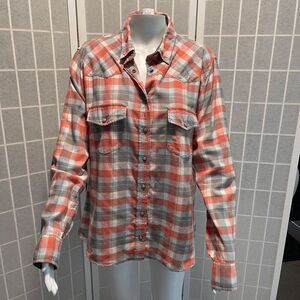 Jachs Girlfriend Bea Plaid Button-Up Shirt Coral Gray Long Sleeve Size L Western